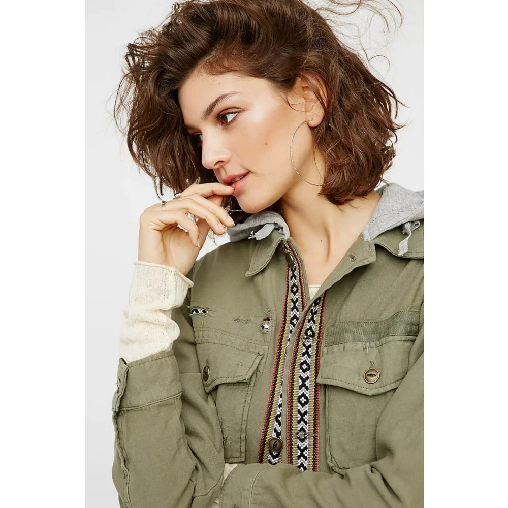 Free People Weekend Wanderer Distressed Cargo Jacket XS Boho Utility Jacket